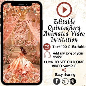 Rose Gold Animated Quinceanera Invitation: XV Video Invite (Digital)