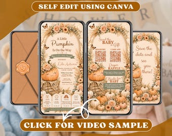 Orange Pumpkin Baby Shower Invitation Digital, Gender Neutral Baby Shower, Fall Autumn Party Online Invite, Animated Mobile Video Evite