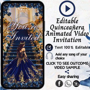 Invito Quinceanera blu navy, invito 15 Anos Invito video Quinceanera Quinceanera Evite, Mis Quince Anos, Inviti digitali Quince