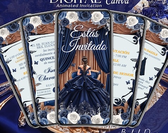 Navy Blue and Gold Quinceanera Invitation Digital, Animated Mis XV Anos, 15th Birthday Invite Template, Quince Video, Save the Date Evite