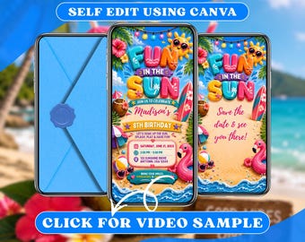 Fun in the Sun video-verjaardagsuitnodiging met envelop digitale evites, geanimeerde strandbadfeest zwempartij, Splash zomerweekenduitnodiging