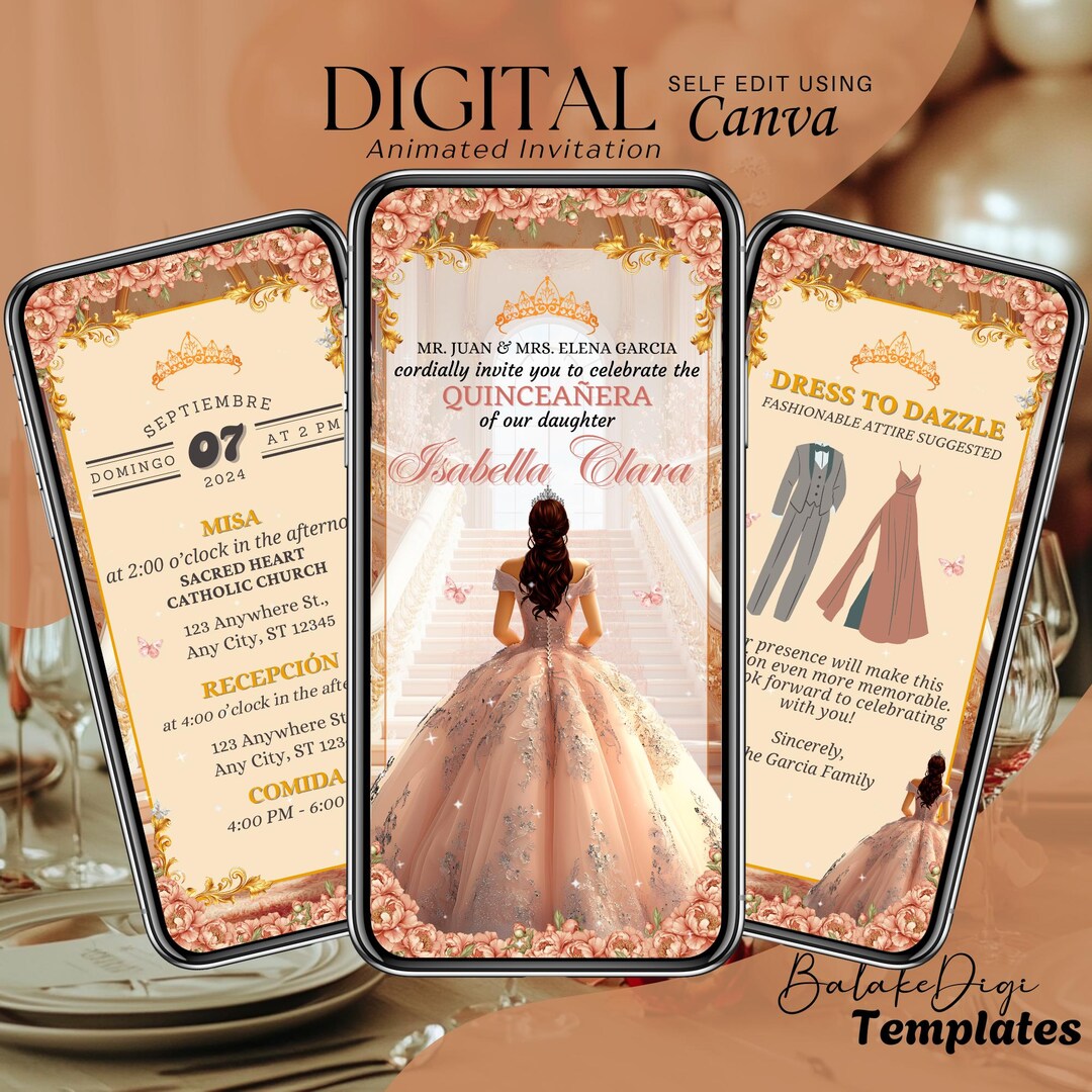 Rose Gold Quinceanera Invitation Digital, Animated Mis XV Anos, 15th ...