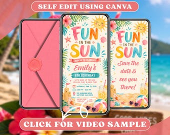 Fun in the Sun video-verjaardagsuitnodiging met envelop digitale evites, geanimeerde strandbadfeest zwempartij, Splash online zomeruitnodiging
