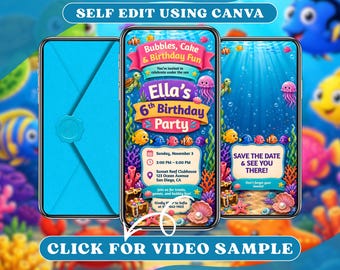 Digitale uitnodiging voor een verjaardagsfeest met onderwaterthema: geanimeerde zeemeermin- en schildpaddenparty bij het zwembad, uitnodigingssjabloon voor een zomerfeest met oceaan en koraal.