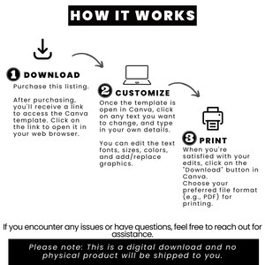 May include: Black and white graphic illustrating the steps to download, customize, and print a digital template. Text includes "HOW IT WORKS", "DOWNLOAD", "CUSTOMIZE", and "PRINT". The image also states that it is a digital download and no physical product will be shipped.