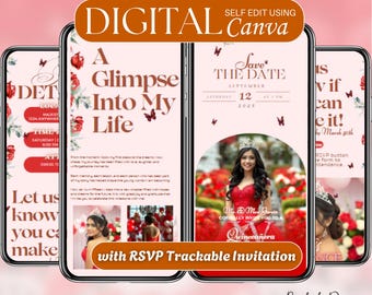 Può includere: Tre modelli di invito digitale per una celebrazione di Quinceañera. I modelli presentano uno schema di colori rosso e bianco con farfalle e accenti floreali. Il testo sui modelli recita "Save the Date", "Uno sguardo alla mia vita" e "È? Può essere!" con una data e un pulsante RSVP.