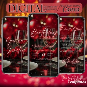 Convite para jantar de aniversário vermelho, vídeo de convite para festa de aniversário, modelo digital, jantar de aniversário, cartão eletrônico virtual animado online