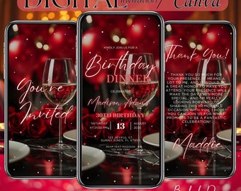 Red Birthday Dinner Invitation Birthday Video Invite Birthday Dinner Party Digital Template Dinner Birthday Animated Virtual Online Ecard