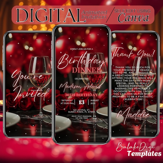 Red Birthday Dinner Invitation Digital: Animated Birthday Brunch Invite, Birthday Party, Video Evite, Virtual Save the Date, Canva Template
