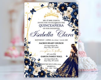 Quinceañera Invitation, Navy Blue Quinceanera Invitations Spanish, Azul Quinceañera Invitation, Mis Quince Años XV Invite, 15 Years Bday