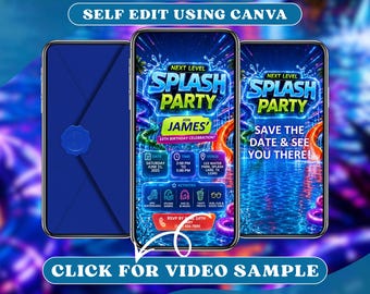 Neon Pool Party verjaardag video-verjaardagsuitnodiging met envelop digitale evites, geanimeerde kinderen zwemmen bash, zomer splash tropisch weekend uitnodigen