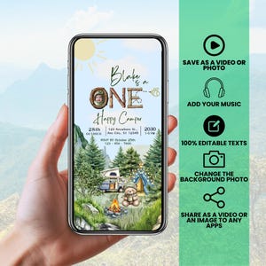 Editable One Happy Camper First Birthday Invitation: Animated Woodland Party (Digital Invite)