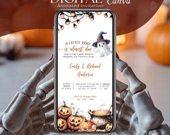 Uitnodiging babyshower babyshower: Halloween-babyshoweruitnodiging, pompoenbabybrunch, griezelige videobabyshower