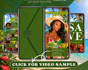 Tropical Birthday Video Invitation with Envelope Digital Evites, Animated Aloha Pool Party Invite Canva, Summer Beach Weekend, Sunset Dinner