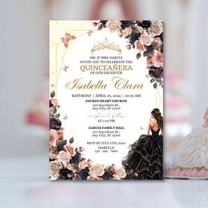 Floral Quinceanera Invitation Template: Black and Gold (Editable)