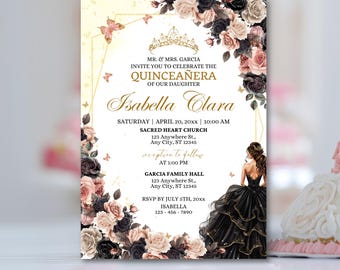 Black Quinceanera Invitation, Canva Mis XV Anos, Quince Invites, 15 Años Card Invite, Editable Printable Template, 5X7 Digital Download