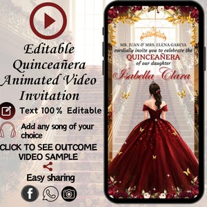Burgundy Red and Gold Quinceanera Video Invitation Mis Quince Años XV Animated Invite Sweet 15 Years Red Digital Invitaciones de Quinceañera