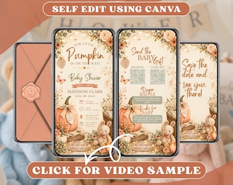 Pink Pumpkin Baby Shower Invitation Digital, Girl Fall Autumn Party Online Invite, Animated Mobile Video Evite, Editable Canva Template