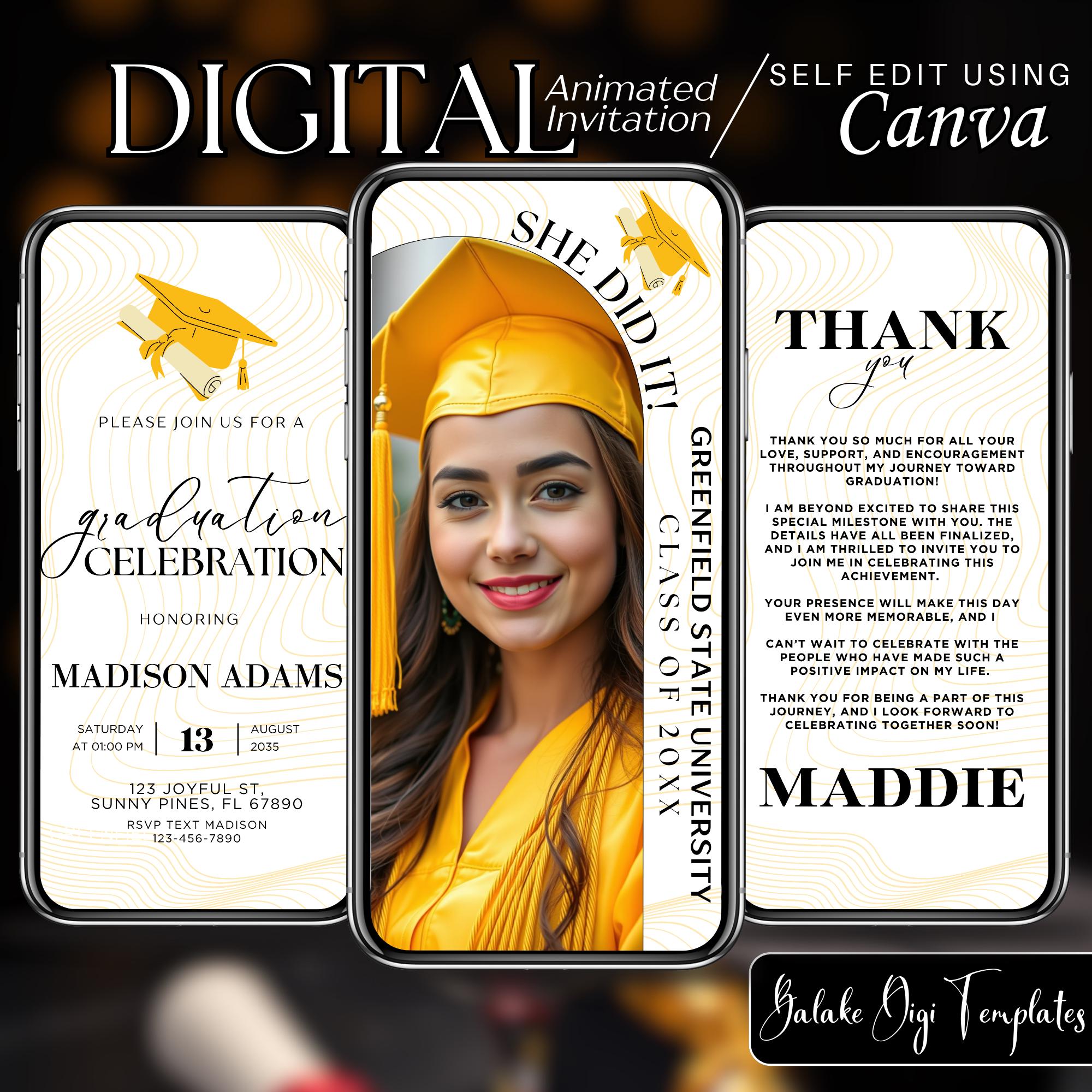 Gold Graduation Invitation Digital, Video Evite, Animated College ...