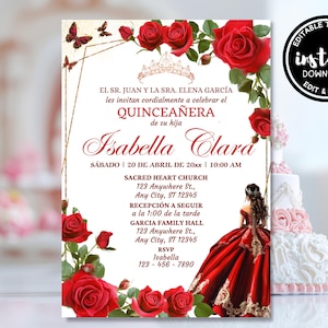 Burgundy Red Floral Quinceañera Invitation: Gold Accents (Digital Download)