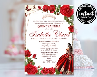Burgundy Red and Gold Quinceañera Invitation, Quinceanera Red Invitations, Sweet 15 Years Birthday Party, Floral Mis Quince Anos Xv Invite