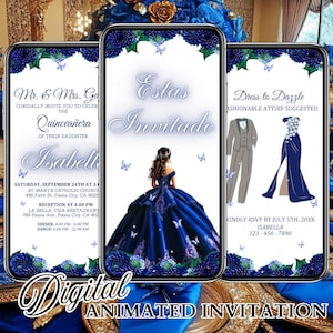 Invitación de quinceañera azul real, invitación en video XV, invitación animada de quinceañera, 15 años, invitaciones digitales de quinceañera, quinceañera Evite