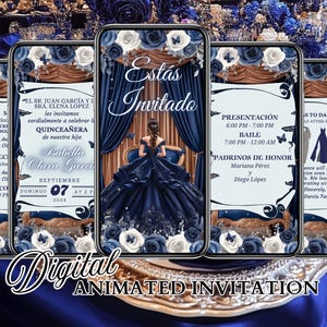 Invito Quinceanera digitale, modello invito video Quinceañera blu navy, Mis Quince Años, 15 inviti animati, XV, Azul Marino