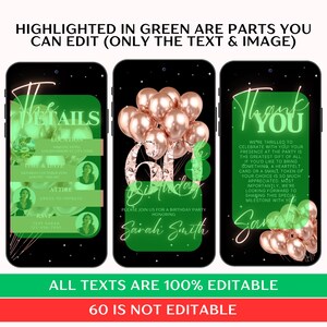 May include: Digital invitation design for a 60th birthday party. The design features three smartphone screens with green and black backgrounds. The first screen says "The Details", the second screen says "60th Birthday", and the third screen says "Thank You".