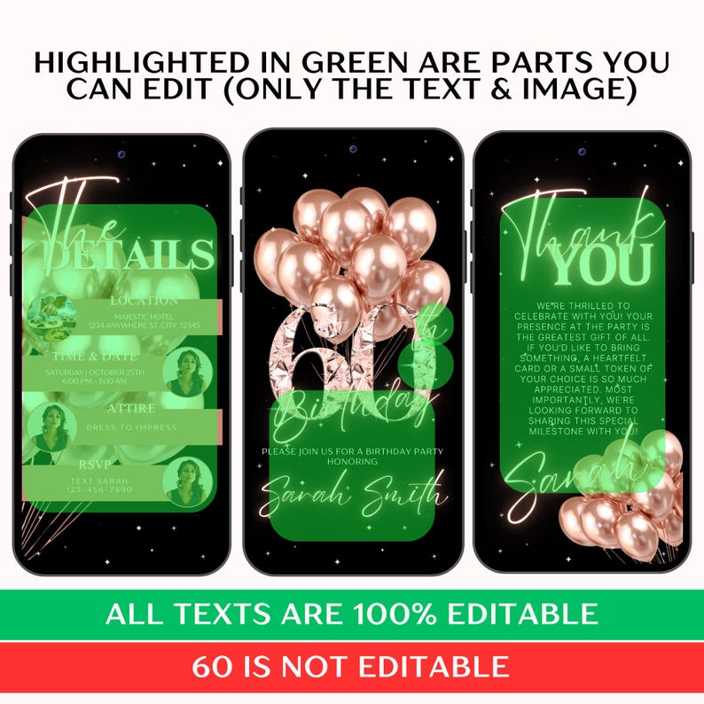 May include: Digital invitation design for a 60th birthday party. The design features three smartphone screens with green and black backgrounds. The first screen says "The Details", the second screen says "60th Birthday", and the third screen says "Thank You".