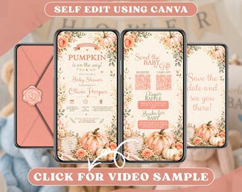 Pink Pumpkin Baby Shower Invitation Digital, Girl Fall Autumn Party Online Invite, Animated Mobile Video Evite, Editable Canva Template
