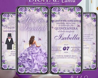 Lavendel Quinceanera Einladung Digital, Animierte Mis XV Anos, Lila 15. Geburtstag Einladungsvorlage, Lila Quince Video, Speichern Sie das Datum Evite