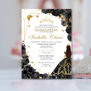 Convite Quinceanera Editável Preto e Dourado Floral 15 Modelo de Cartão de Convite Añera Mis Quince Años Invitaciones de Quinceañera XV Princesa