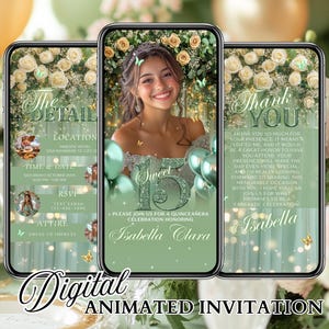 Sage Green Quinceanera Video Invitation: Animated XV Invite (Digital)