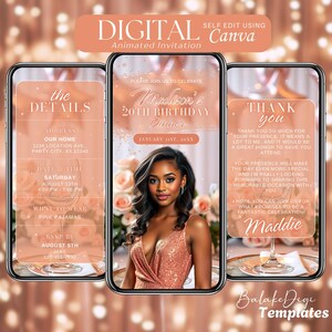 Invitación digital para cena de cumpleaños, texto de video animado para fiesta, elegante historia de Instagram para cumpleaños en oro rosa, noche glamorosa para chicas, Evite