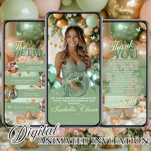 Animated Sage Green Quinceañera Invitation Video, Digital XV Invite Editable in Spanish, Mis Quince Años Evite, Virtual 15th Birthday Evite
