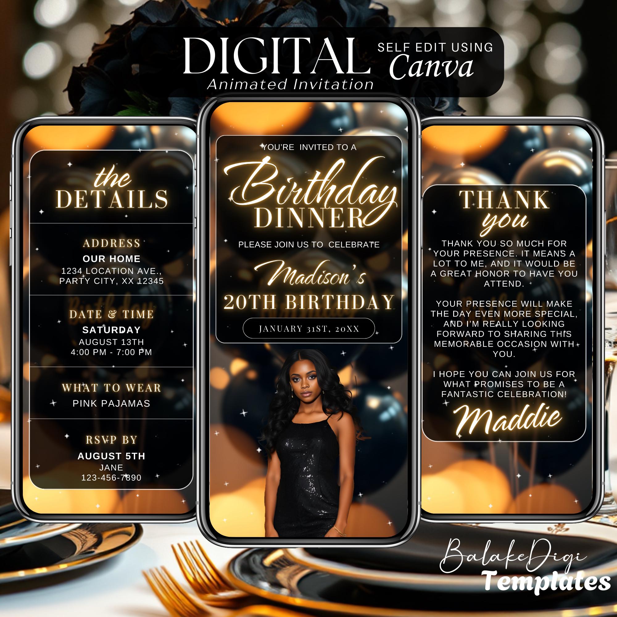 Animated All Black and Gold Birthday Dinner Classy Invitation