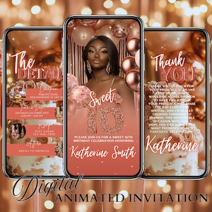Rose Gold Sweet 16 Einladung, Sweet 16 Einladung Rosa, Sweet Sixteen Invite, Mädchen 16 Geburtstag, Animierte Geburtstagseinladung Geburtstag Evite