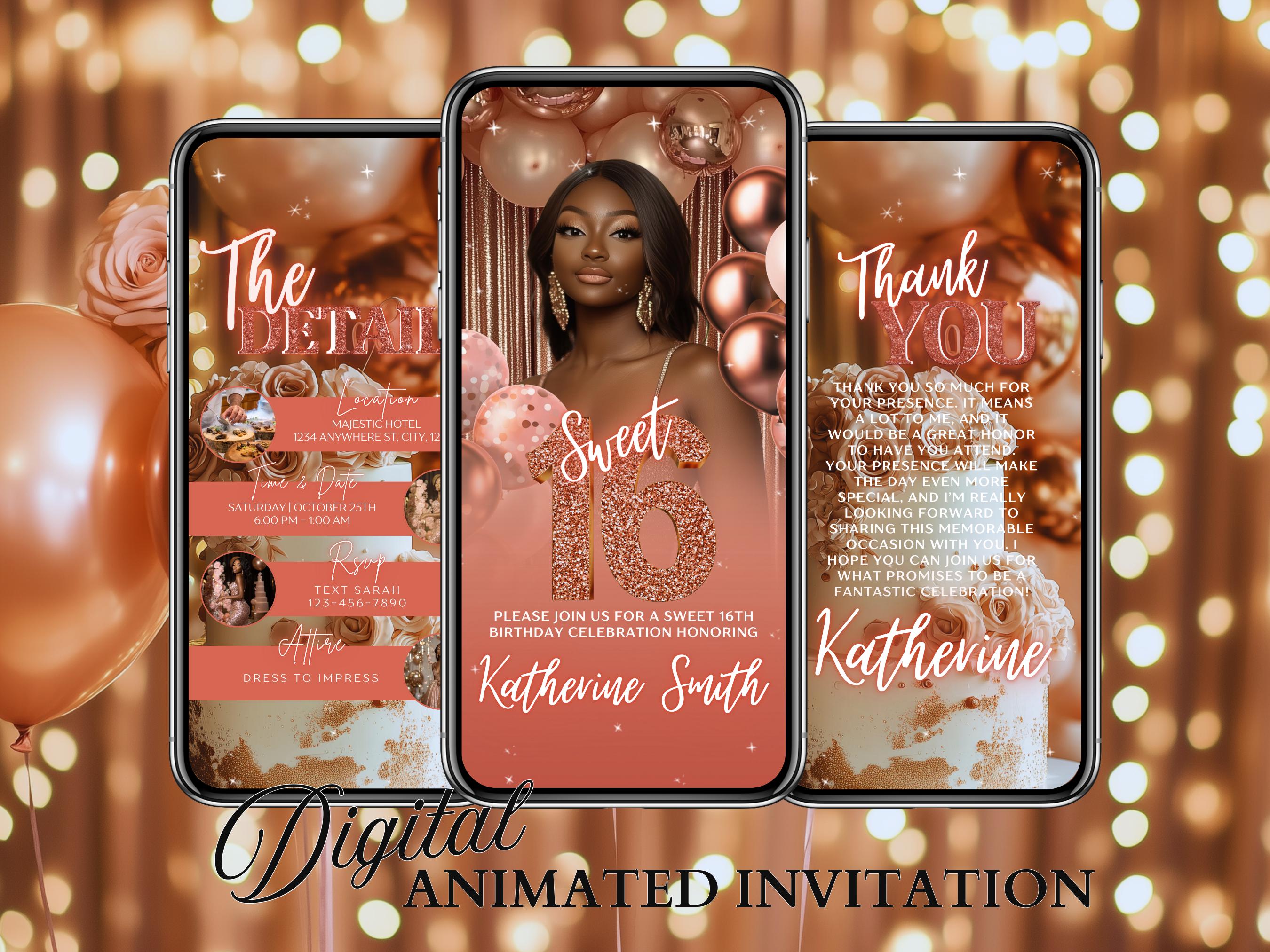 Rose Gold Sweet 16 Invitation, Sweet 16 Invitation Pink, Sweet Sixteen Invite, Girl 16 Birthday, Animated Birthday Invitation Birthday Evite
