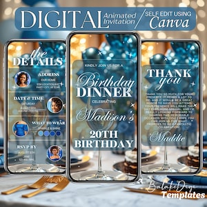Digitale uitnodiging verjaardagsdiner, videoverjaardagsuitnodiging, geanimeerde tekstverjaardagskaart, blauwe verjaardagsuitnodiging, luxe uitnodiging, tienerfeest