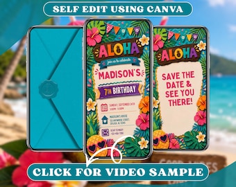 Pineapple Aloha Luau video-verjaardagsuitnodiging met envelop digitale evites, geanimeerde zwembadfeestje zwemmen, Splash zomerweekend uitnodigen