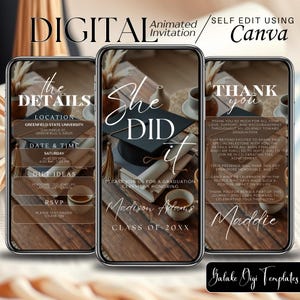 Op de afbeelding: Een digitale uitnodiging voor een afstuderen met een bruine achtergrond. De uitnodiging bevat een afstudeerhoed, boeken en een kopje koffie. De tekst op de uitnodiging luidt "She Did It" en "Class of 20XX".