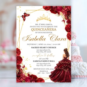 Convites Quinceanera Vermelho e Dourado Borgonha Mis Quince Anos XV Floral 15 Aniversário Convites Anúncio Digital Invitaciones de Quinceañera