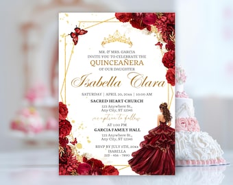 Burgundy Red and Gold Quinceanera Invitations Mis Quince Anos XV Floral 15 Birthday Invites Announcement Digital Invitaciones de Quinceañera