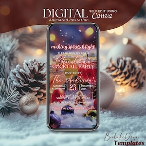Cocktail Christmas Party Digital Invitation, Animated Xmas Holiday Video Evite, Making Spirits Bright Mobile Invite Self Editable Template