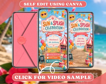 Fun in the Sun video-verjaardagsuitnodiging met envelop digitale evites, geanimeerde strandbadfeest zwempartij, Splash zomerweekenduitnodiging