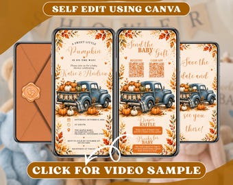 Orange Pumpkin Baby Shower Invitation Digital, Gender Neutral, Fall Truck Autumn Party Online Invite, Animated Mobile Video Evite