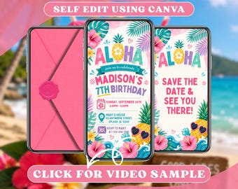 Aloha Pineapple Pool videoverjaardagsuitnodiging met envelop digitale evites, geanimeerde Luau-feestzwemmen, Splash zomerweekenduitnodiging
