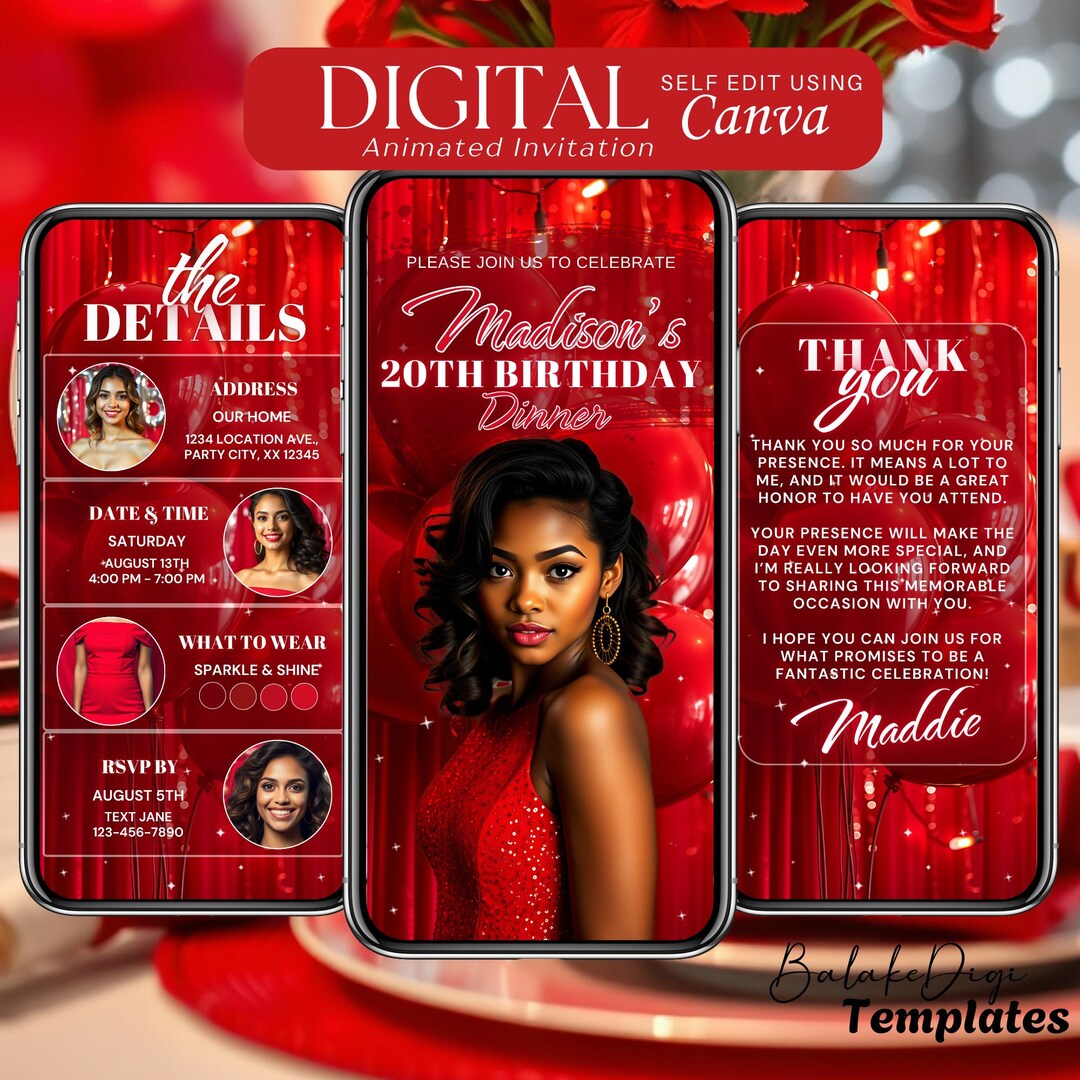 Red Birthday Invitation Digital: Animated Birthday Dinner Invite ...