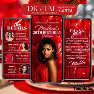 May include: A digital invitation for a 20th birthday dinner. The invitation is red with gold stars and features a photo of a woman in a red dress. The text on the invitation reads "Please join us to celebrate Madison's 20th Birthday Dinner".