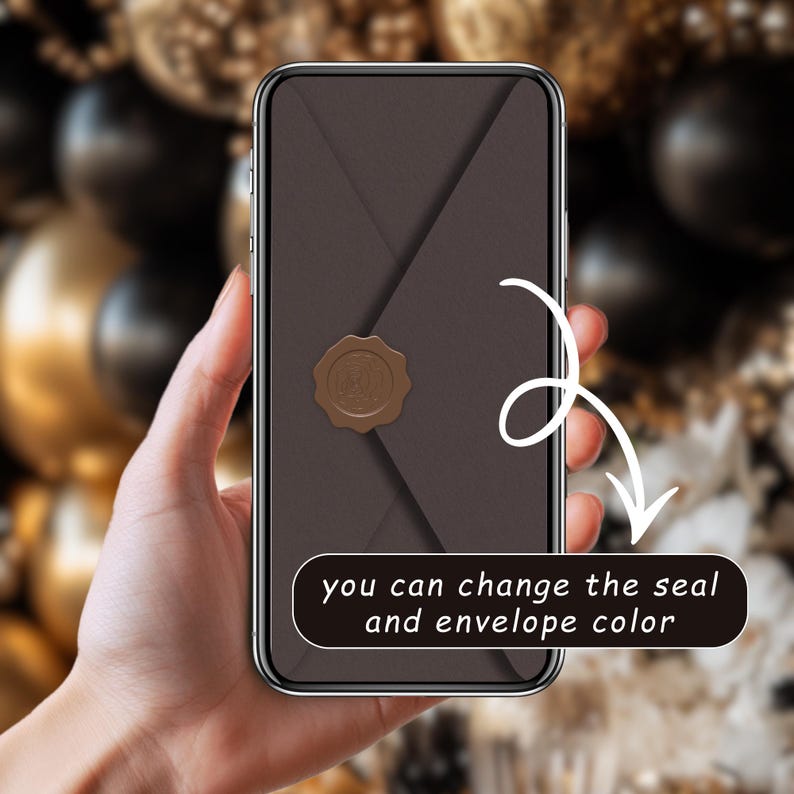 May include: A smartphone displays a digital envelope design in shades of brown, sealed with a circular wax stamp. The text "you can change the seal and envelope color" is displayed in a white font on a black background. The phone is held in a hand.
